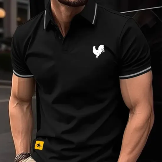 Image de Polo Noir Homme Grande Taille avec Logo Coq Blanc